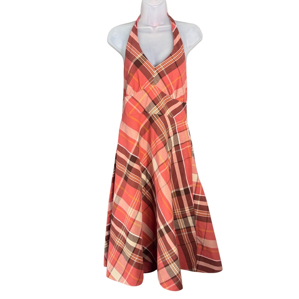 Context Dress Women 10 Brown Plaid Halter Midi Boho Hippie Festival Y2K Retro